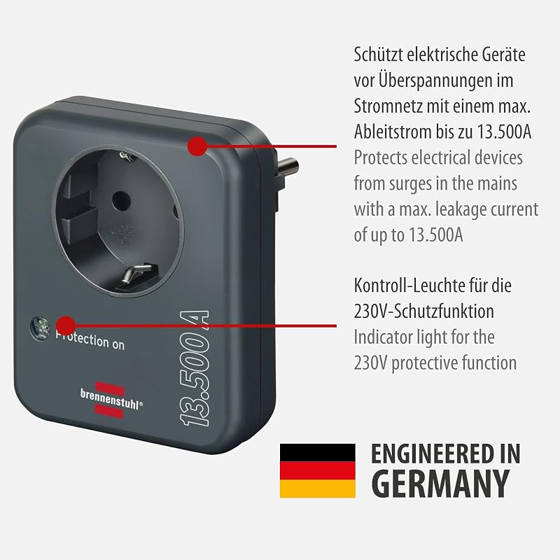 adaptador de enchufe con protección contra sobretensiones hasta 13.500A (protector de sobretensión, adaptador para toma de tierra, enchufe de protección antirayos) antracita