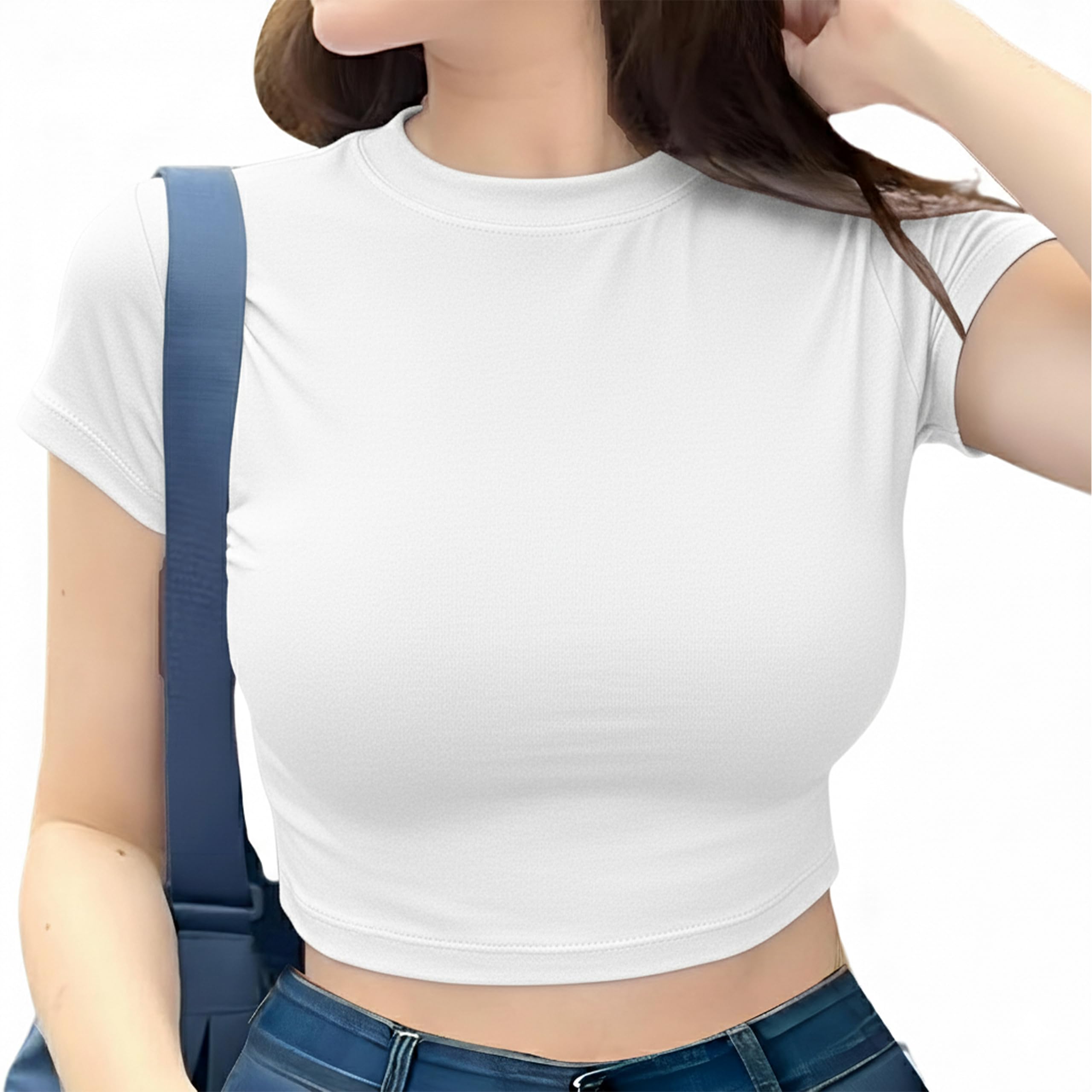 View 1 of 1 & 9 Crop Tops for Women Short Sleeve Round Neck Sexy Going Out Tops Cute Shirts Basic Tees for Women's Summer Y2k Fashion (US, Alpha, Small, Regular, Regular, White)