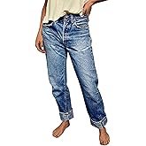 Flamingals Women's Straight Leg Mid Waist Casual Ripped Cropped Jeans for Women Destroyed Roll Hem Denim Jeans