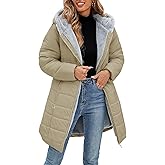 Uikue Women's Puffer Coat Winter Long Quilted Jacket Zip Up Fleece Lined Down Jacket Windproof Warm Thicken Hooded Parka Coat