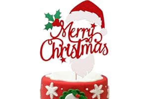 Rsstarxi 1 Pack Merry Christmas Cake Topper Glitter Holly Leaves and Berries Santa Hat Beard Cake Pick for Christmas Theme New Year Holiday Party Cake Decorations Supplies Red
