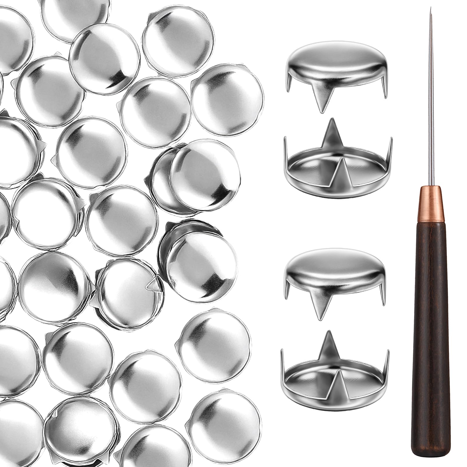Photo 1 of 200 PCS Round Dome Rivets, 12mm Claw Rivet Nailheads Studs for Clothing, Silver Spikes Leather Rivets with Wooden Awl for Punk Rock Shoes Bag Parts Decoration DIY Leather Craft