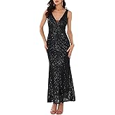 WOMLAYOUT Women's Sequin Evening Dress V Neck Sleeveless Cocktail Maxi Gown Dresses