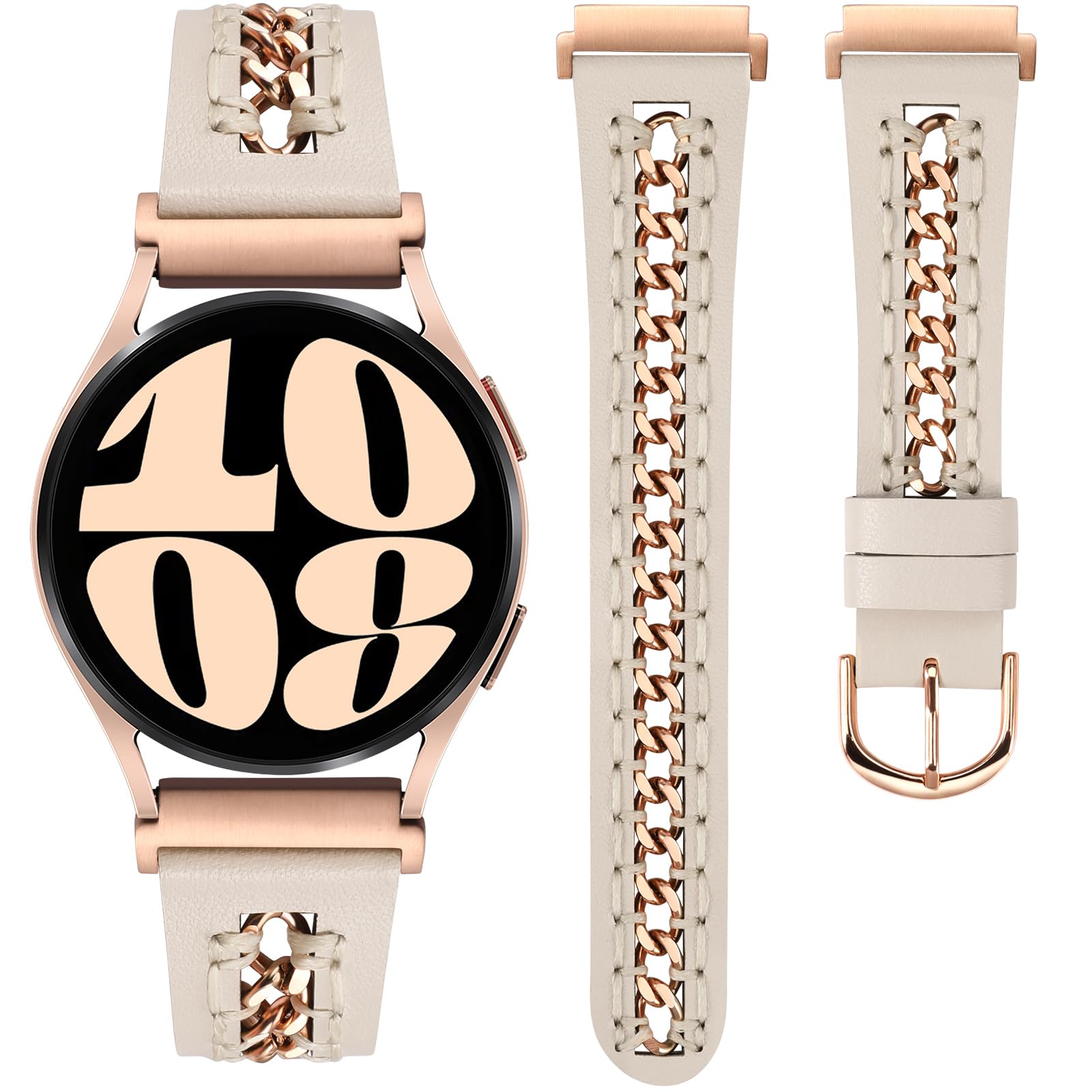 Photo 1 of ***STRAP ONLY****Minyee Leather Band Compatible with Samsung Galaxy Watch 7/6/5/4/FE/Active 2 40mm 44mm/Watch 6 Classic 43mm 47mm/Watch 5 Pro 45mm Bands, 20mm Dressy Leather Strap with Metal Chain, Starlight/Rose Gold