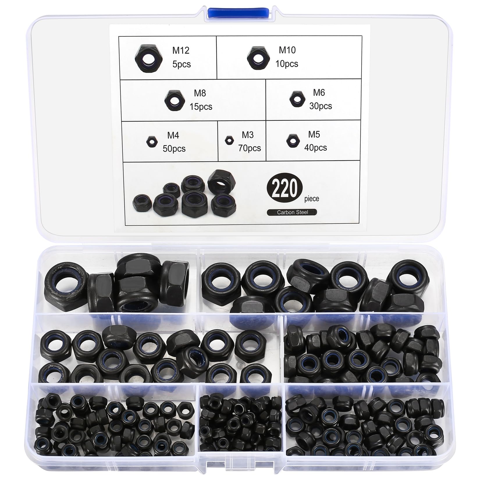 qxayxa 220 Pcs Nylon Lock Nuts, Hex Lock Nut Assortment Kit, Nylon Insert Hex Nut Set, Locknuts, Black Carbon Steel Self-Locking Nuts, Metric M3 M4 M5 M6 M8 M10 M12