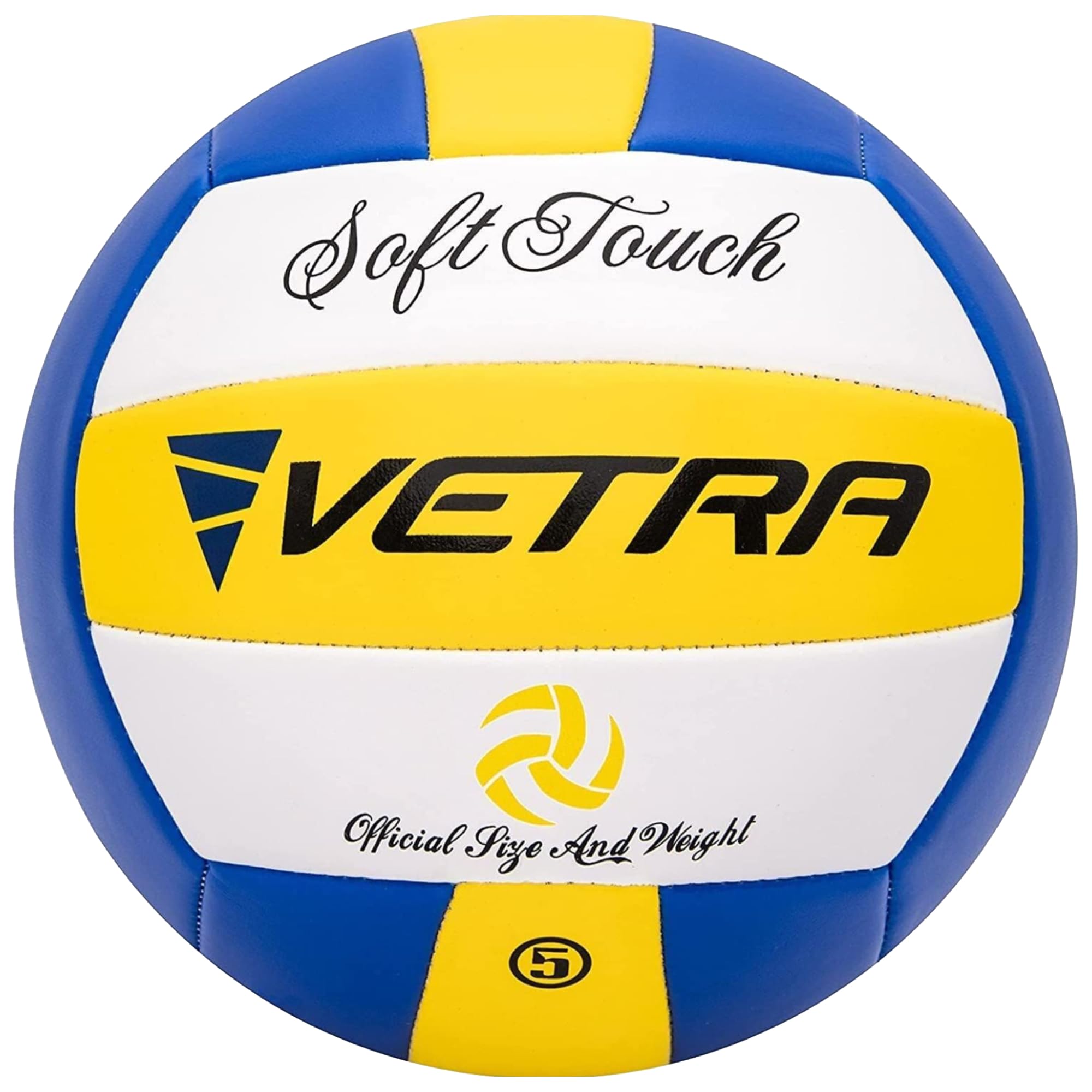 VETRA Soft-Touch Volleyball - Official Size 5, Yellow/Blue/White - Durable PVC Cover & Stitching for Training - Soft-Touch Grip for Indoor Play - Easy Inflation for Beach Play