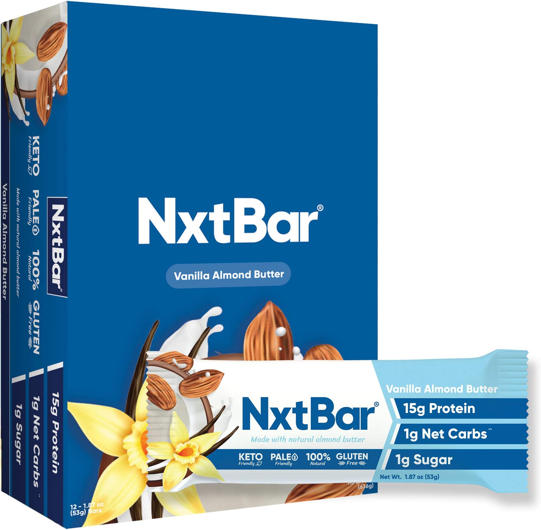 NXTBARVanilla Almond Protein Bar | Keto and Paleo Friendly Low Carb Low Sugar Low Calorie Bars | Keto Friendly Healthy Snacks For Adults (12 pack) | 2g Sugar, 4g Net Carbs, 16g Protein