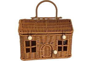 Garden Harvest Basket, 9x6x5.5 Inch House Shaped PP Rattan Picnic Basket with Lid & Handle, Button Closure Wicker Suitcase fo