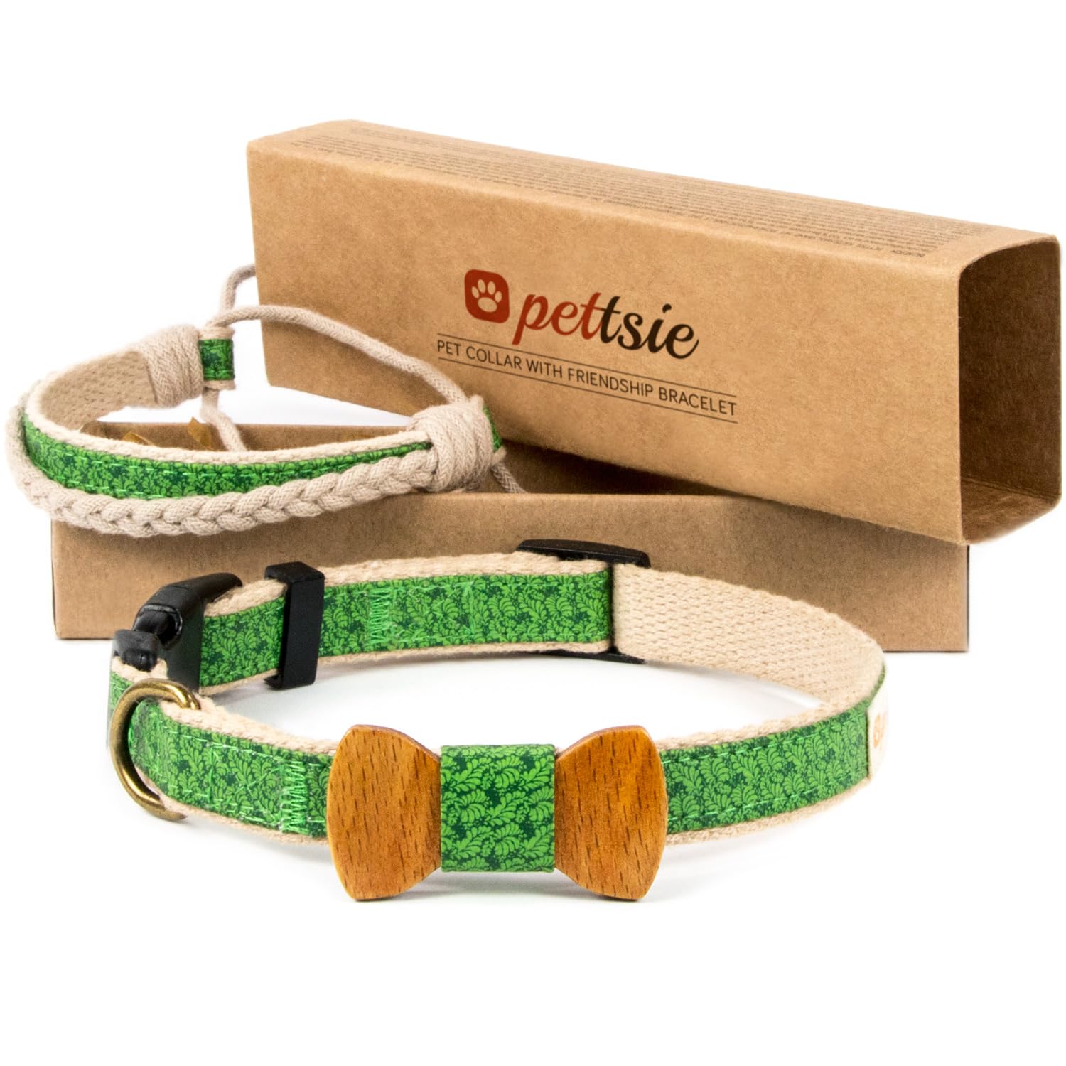 Pettsie Matching Dog Bow Tie Collar & Owner Bracelet, Adjustable for Small & Medium Dogs, Stylish & Durable, Soft Hemp Material, M, Green