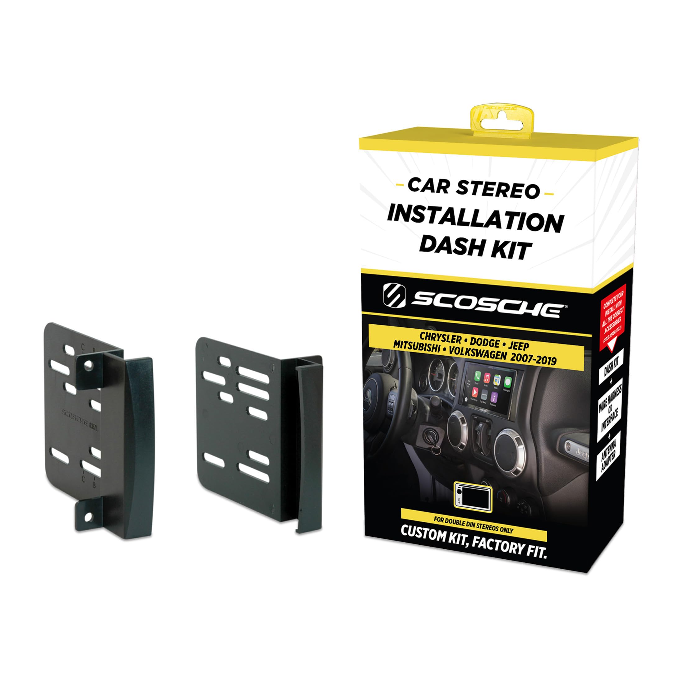 Scosche CR1291B Kit de instalación de radio doble DIN compatible con vehículos Chrysler, Dodge, Jeep, Mitsubishi y VW seleccionados 2007-19 - Kit de instalación de estéreo para automóvil - Consulte la guía de ajuste en imágenes para verificar el vehículo