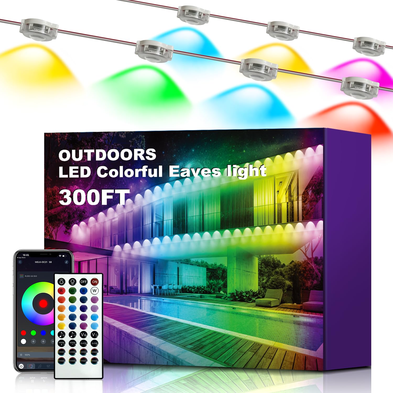 Photo 1 of XINKAITE 300FT Permanent Outdoor Lights with 150 LEDs - Smart RGB+IC with 16 Million Colors, IP67 Waterproof, App & Remote Control, Hundreds of Modes for Holidays, Christmas & Home(2 Rolls 150FT)