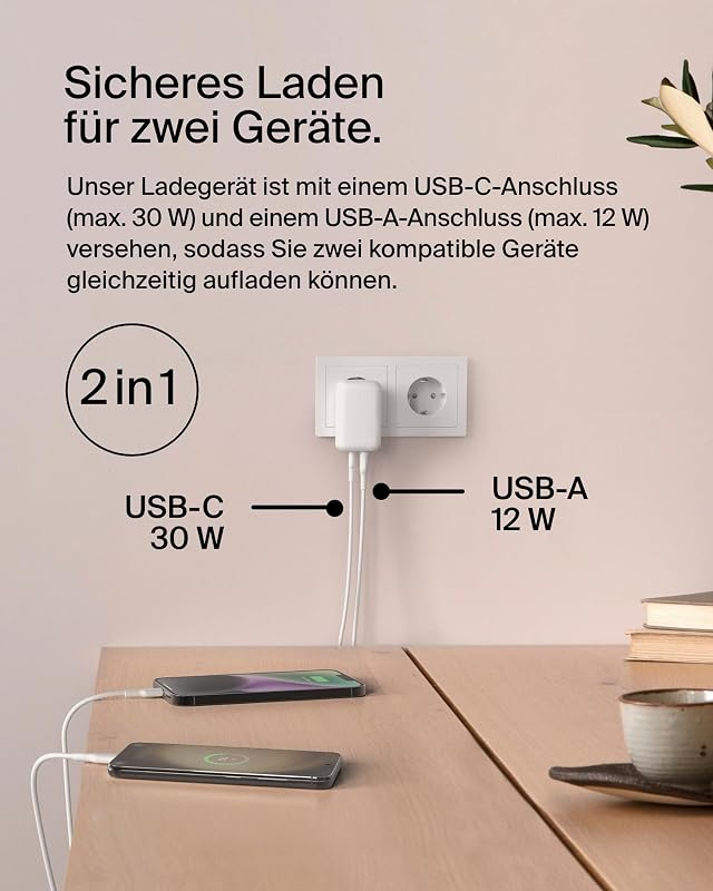 BoostCharge 42 W USB-Ladegerät, USB-C + USB-A, Schnellladen für iPhone, Galaxy, iPad, AirPods, Weiß