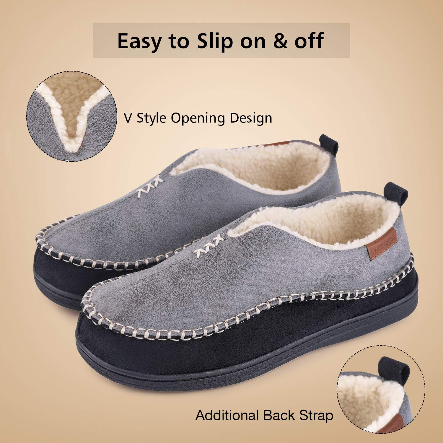 everfoams men's suede memory foam moccasin slippers with fuzzy sherpa lining