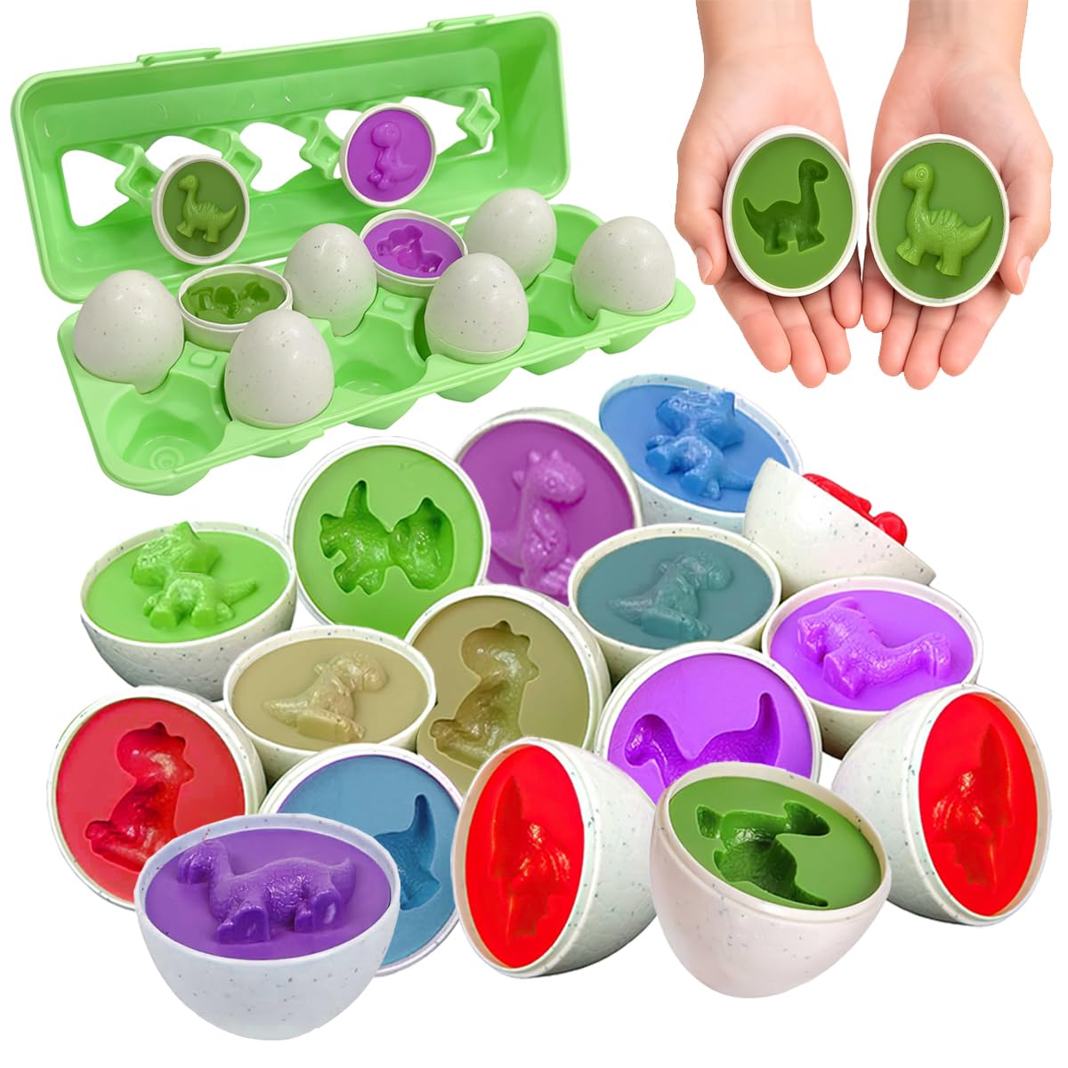 Toyana Baby Matching Eggs Toy in Box, 12 Eggs 24 PCs Dinosaur Shape Sorting Puzzle, Fine Motor Skills Toy, Educational Sensory Learning Preschool Toddler Montessori Easter Gift Play Set for Boys Girls