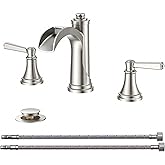 FORIOUS Brushed Nickel Bathroom Faucet Widespread 3 Hole for 6"-12" Sinks, 2 Handle 8" Waterfall Silver Bathroom Sink Faucet 3 Holes Vanity with Metal Drain Stopper and 22" Water Hoses