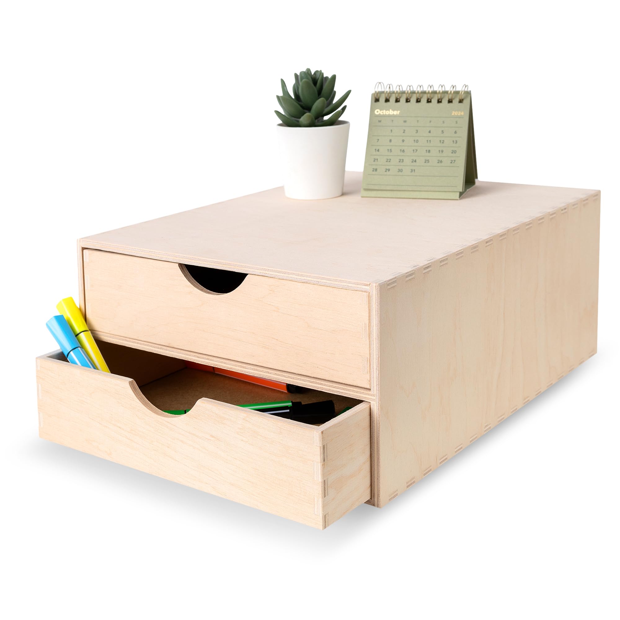 Creative Deco Mini Wooden Chest of Drawers | 33x25x13.5cm | 2 Compartments | Desk Organiser for Paper Work Documents | Plain Stationary Organiser for Office Accessories | Large Storage Box with Drawer — image 1