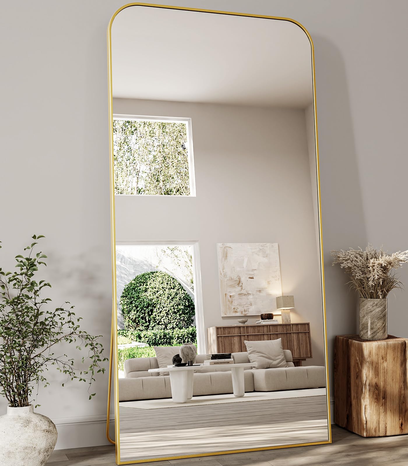 Koonmi Full Length Mirror, 80"x36" Mirror Full Length with Stand, Gold Domed Top Square-Edged Floor Mirror with Aluminum Alloy Frame for Bedroom Living Room Image