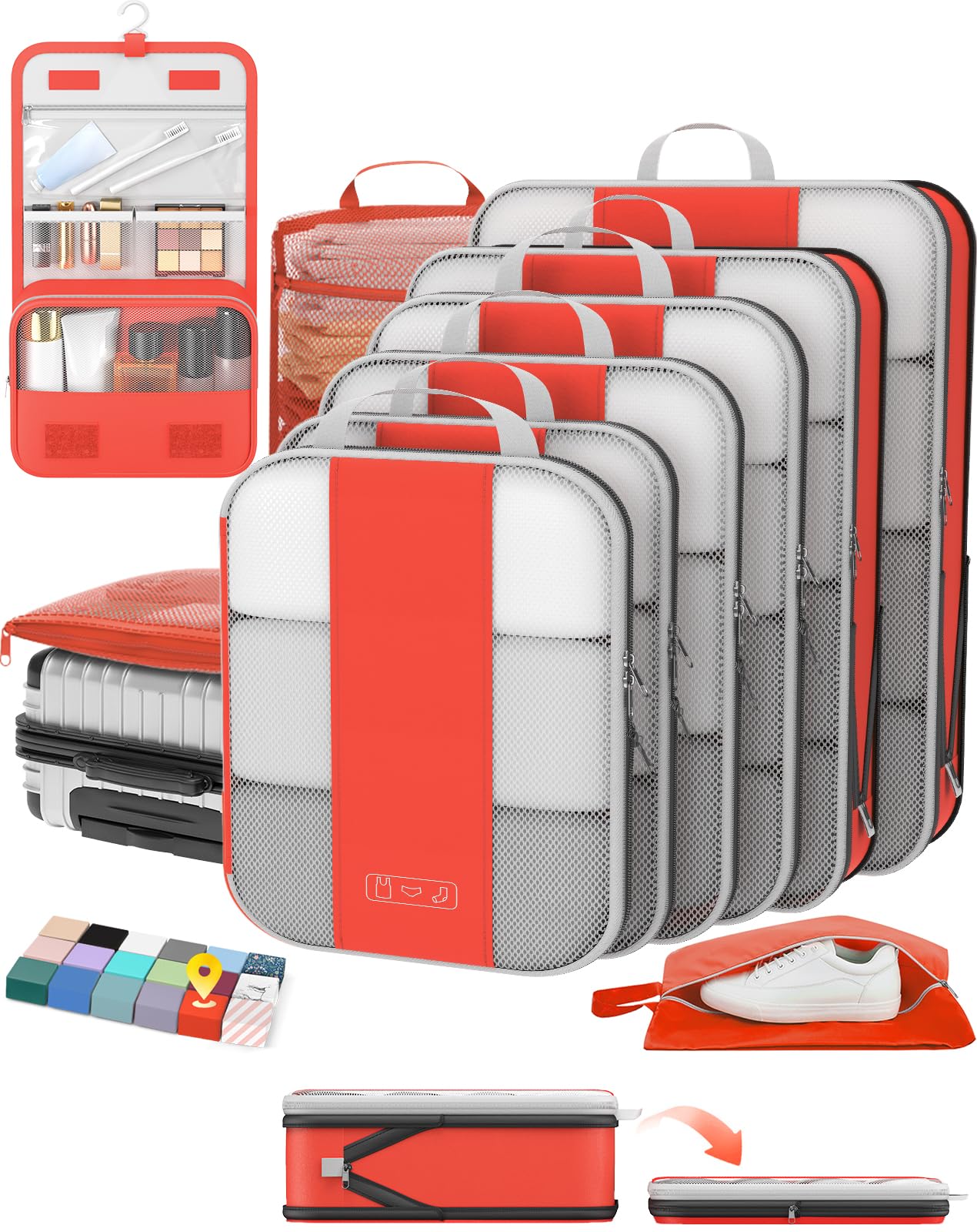 Photo 1 of 10 Set Compression Packing Cubes for Travel Essentials,Compressible Expandable Packing Cubes for Suitcase,OlarHike Luggage Organizer Bags for Travel,Handy Helper for Organizing Clothes(Orange)