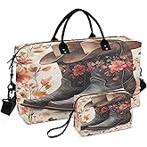 STAYTOP Beautiful Western Cowboy Boots Travel Duffel Bags 2PCS,Sports Duffel Bags for Men Women,Weekender Overnight Bag Gym Tote Bag with Toiletry Bag