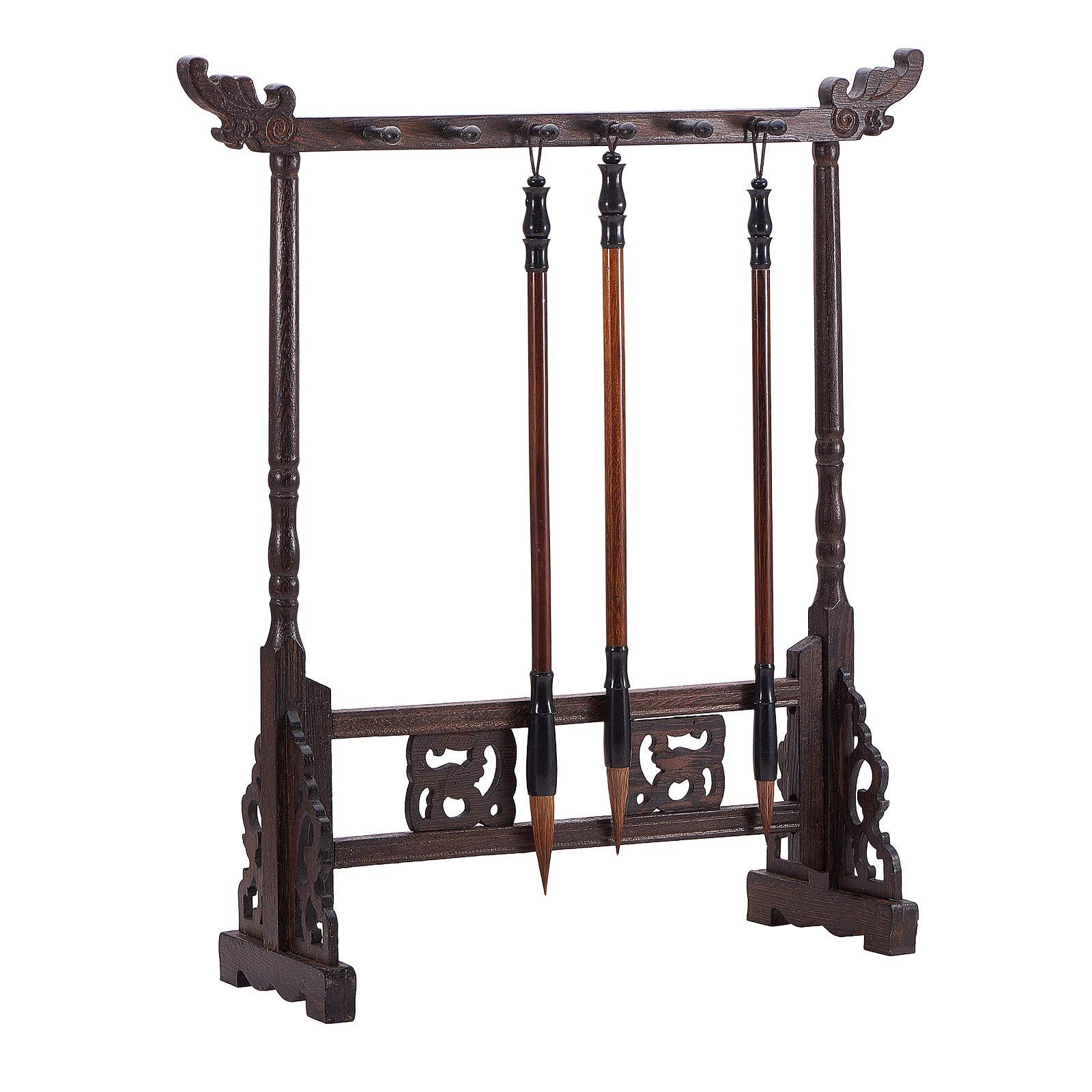 PH PandaHall 12-Pin Wenge Brush Holder Wood Carving Calligraphy Sumi Brush Hanger Calligraphy Stand with 3pcs Brushes for Calligraphy Lovers Chinese New Year Gift Stationery Supplies