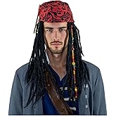 GVLAQST Men Pirate Dreadlock Wig Jack Sparrow Costume Hair Props Bandana Braid Beads Halloween Themed Party Outfits Black