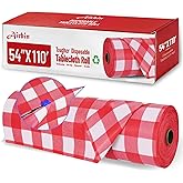Plastic Table Cloth, 110 Ft X 54 In Disposable Tablecloth Red and White Checkered Tablecloth with Any Cut Sliding Cutters Premium PEVA Plastic Table Cloth Disposable for Picnic, Parties, Festivals
