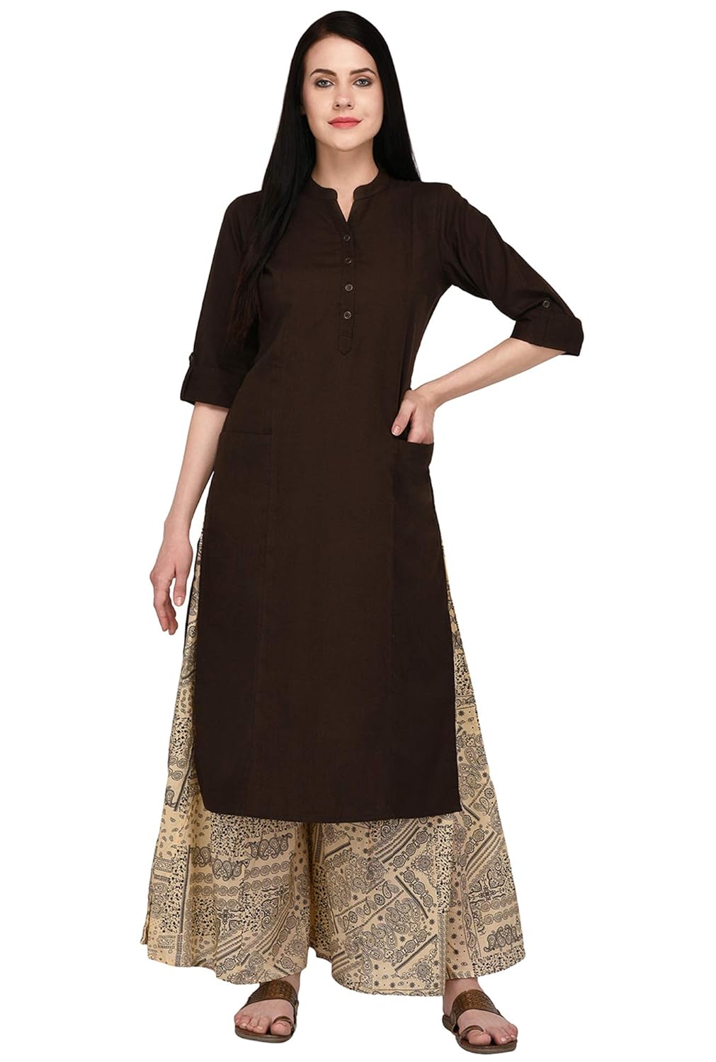 pistaa's women's solid two patch pocket kurta with palazzo bottom set