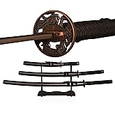 Pack of 3- Japanese Katana Hand cast Sharp 1065 Carbon Steel Katana Sword Real Black, Dragon Totem Hand Guard, Display Sword Stand