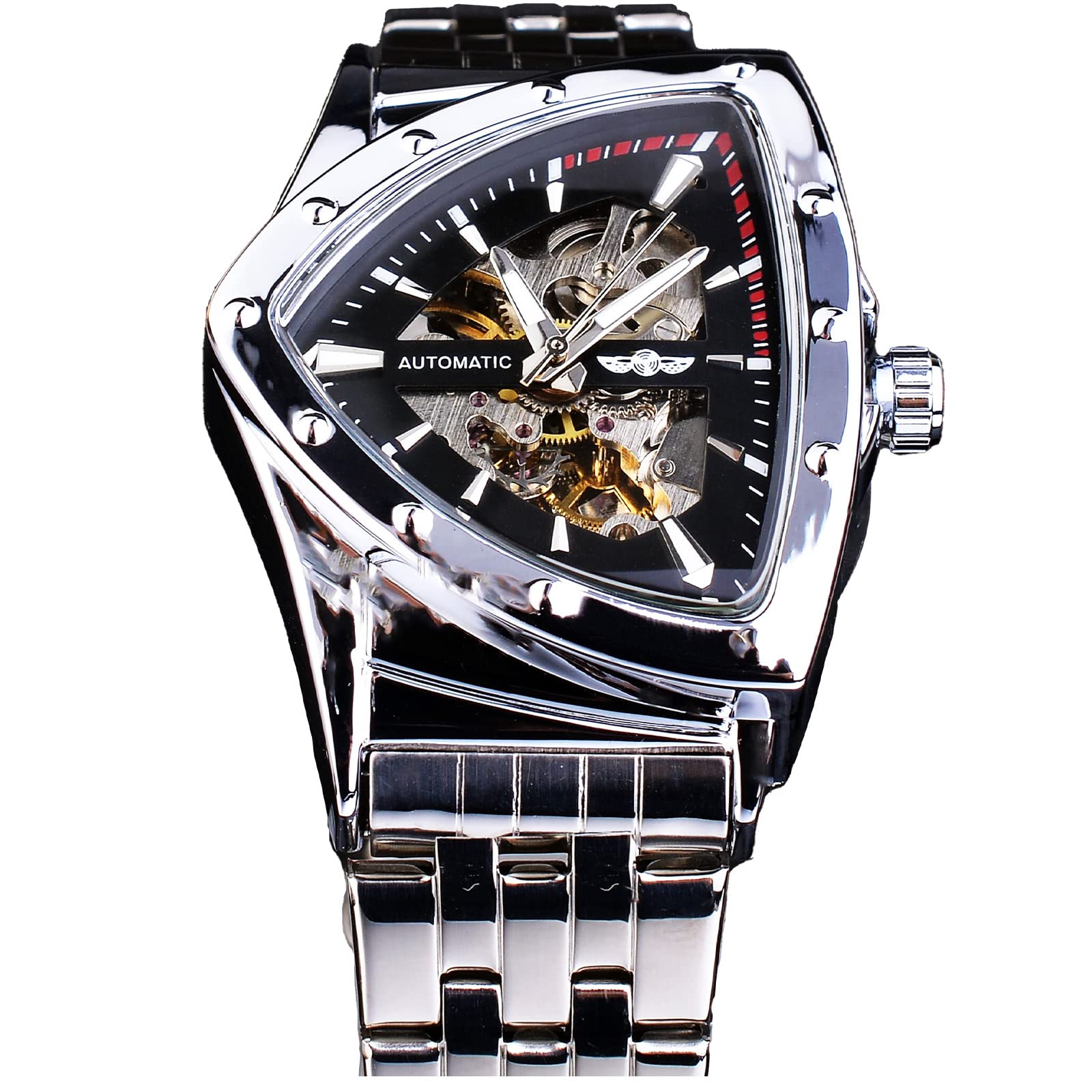 FORSINING Triangle Skeleton Men's Automatic Mechanical Watch Luxury Gold Black Stainless Steel Watches Waterproof Luminous Sports Wristwatch