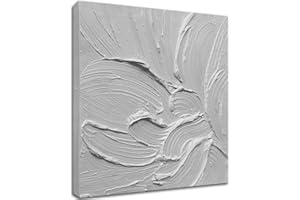 zoinart Hand Painted White Canvas Wall Art, 20x20 Inches Abstract Thick Textured Painting, Plaster Wall Art