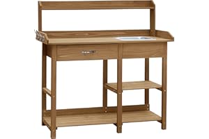 MUPATER Potting Bench Garden Table for Outdoors with Removable Stainless Sink, Planting Work Bench with Storage Shelves and Drawer, Natural Wood