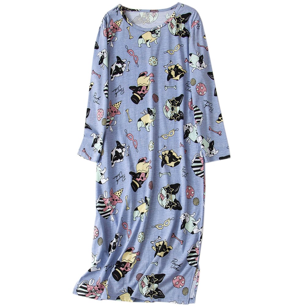 ENJOYNIGHT Women\'s Cotton Sleepwear Nightgown Long Sleeves Print Sleep Dress With Pockets (Puppy, Large)