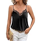 Ekouaer Women's Satin Camisole Lace Silk Satin Pajama Tank Tops V Neck Soft Spaghetti Strap Loose Sleepwear