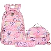 Rexmore 3Pcs Girls Backpack Set with Lunch Box & Pencil Case – Water-Resistant Flower Print Kids Backpack for Elementary, Middle School, Camping & Travel Gifts (Pink)
