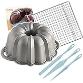 Nordic Ware Platinum Silver 12 Cup Anniversary Bundt Pan With Cake Finishing Tool Kit + Cooling Rack and Recipe Card