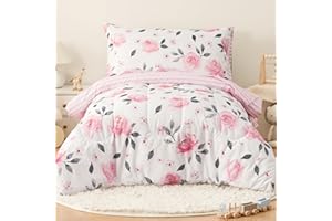 PHF 4 Piece Toddler Bedding Set, Ultra Soft Toddler Comforter Sets Include Comforter, Fitted Sheet, Flat Top Sheet and Pillowcase for Girls, Floral Bed in A Bag for Baby Bedroom, Floral
