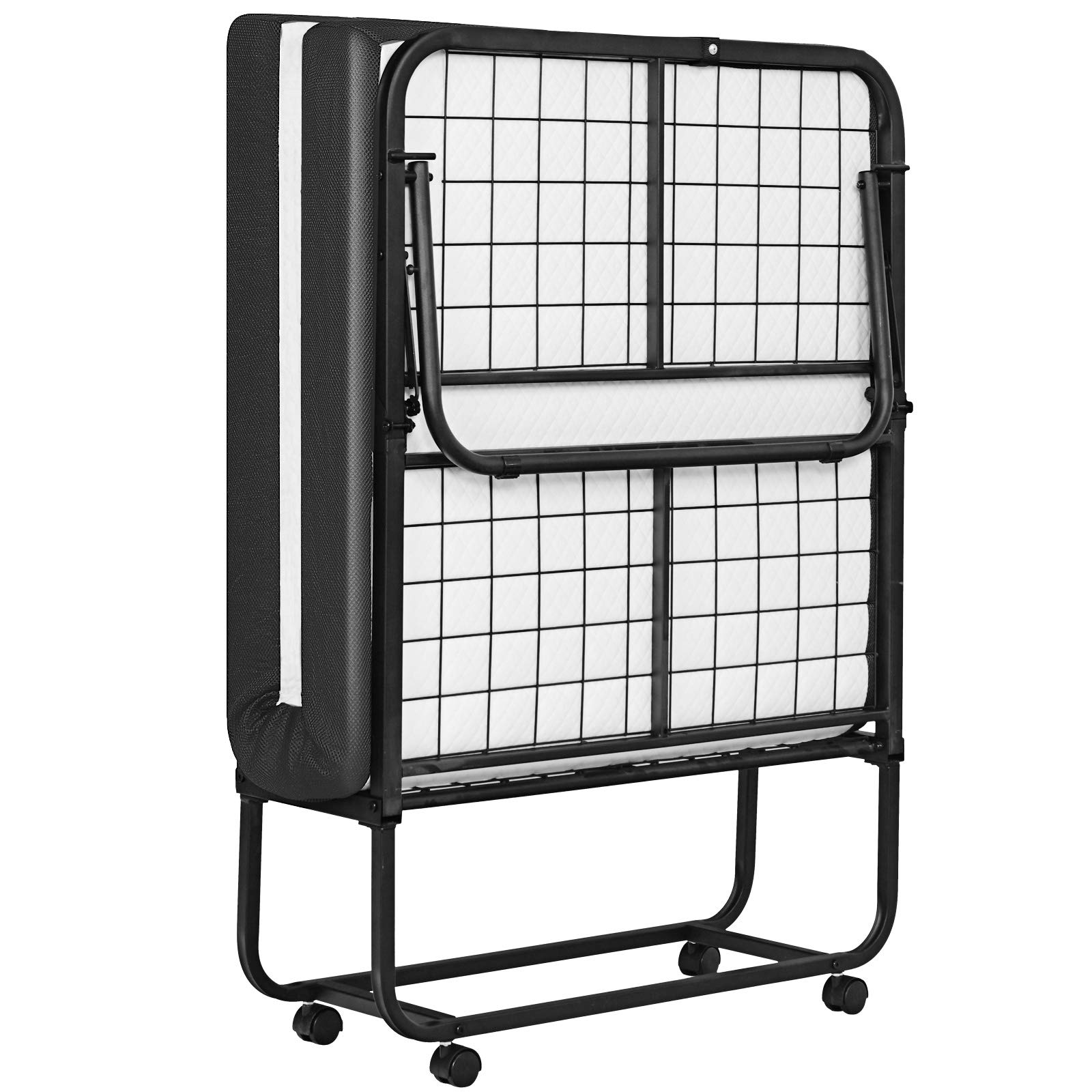 Olbrus Folding Bed, Rollaway Guest Foldable Beds with 5 Inch Memory Foam Mattress, Easy Storage, Portable Metal Frame Bed on Wheels for Home or Office (White+Black, 75" x 31" x 17")