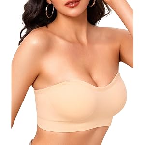 Finduself Strapless Bras for Women Wireless Push Up Bandeau Bra with Strap | Fixed Padded Cups, No Underwire, Non Slip Silico