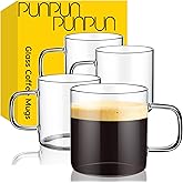PunPun 13.6oz. 400ml Clear Glass Coffee Mugs Set of 4, Espresso Cups, Large Wide Mouth Mugs for Cappuccinos, Latte and Juice, Heatable Cups