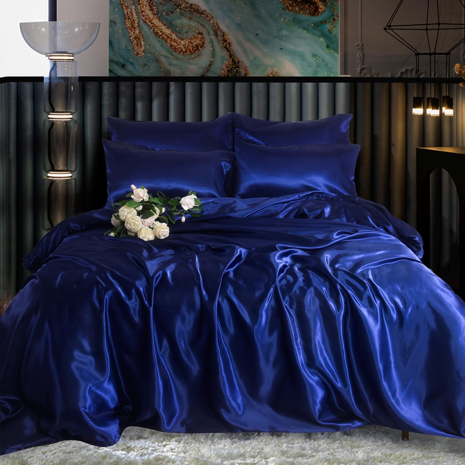 ROOEE Satin Silk Complete Bedding Set - 4 PCS - Fitted sheet, Duvet Cover, 2 Pillow Cases. Color - Navy Blue Size - Single