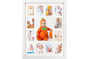 GMFrames Baby First Years Photo Frames 12 Month Picture Frame School Years Graduation Photo Collage White Frame with Mat, Displays One 5x7 Photo and Twelve 2.5x3.5 Pictures