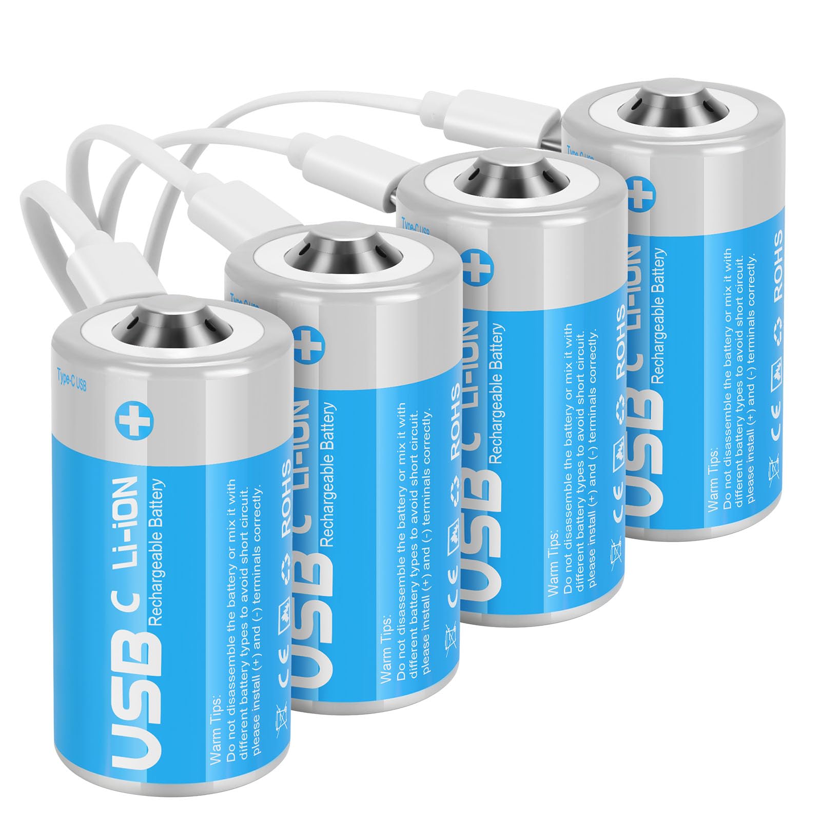 Rechargeable Lithium C Batteries with 4 in 1 USB-C Charge Cable,4 Pack C Cell Li-ion Battries,LR14 1.5V C Size Cell Battery Replacement 4100mWh for Floodlight Toys(4 Pcs)