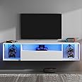SogesPower Floating TV Stand with Lights,Floating Entertainment Center Wall Mounted LED TV Stand with Storage for Living Room Bedroom,Modern White Floating TV Shelf, 55inch
