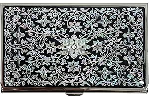 NACREH Mother of Pearl Business Card Case Credit Id Name Holder Travel Wallet Art Painting Design Metal Stainless Steel Engraved Slim Purse Pocket Cash Money Wallet (Arabesque)