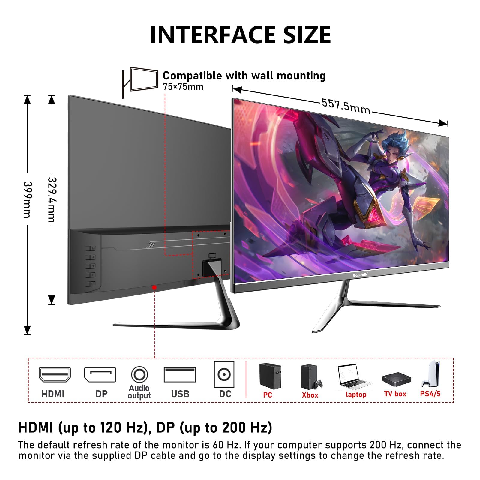 Gawfolk 24.5 Inch PC 200Hz Gaming Monitor, FHD 1080p screen, Built-in speakers,1ms without Bezel, freesync, 99% sRGB, 178 ° Angle View, HDMI、DisplayPort, Compatible with wall mounting 75*75MM - Black