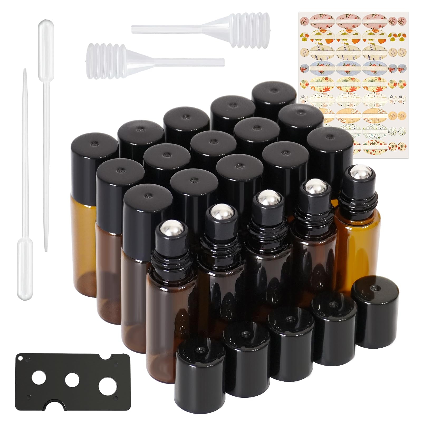 Roller ball Bottles for Essential Oils 16pcs Empty Roller Ball Bottles Roll on Bottles with Stainless Steel Ball, 5ml Glass Roller Bottles with Bottle Opener, Dropper, Pipette, Label for Essential Oil