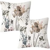 Dixutzi Floral Pillow Covers 20x20, Watercolor Teal Brown Cream Grey Flower Pillow Cushion Cases, Abstract Modern Decorative Throw Pillows for Sofa Couch Living Room Bedroom Car, Set of 2