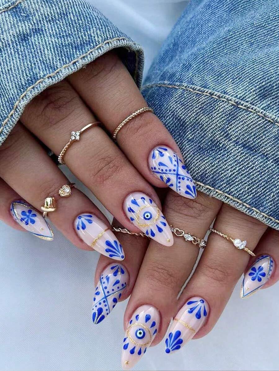 Almond Press on Nails Short Fake Nails with Blue Flower Totem Pattern Designs Almond Nails Press on Acrylic Glue on Nails Sweet Cool False Nails Stick on Nails for Women Gel Fake Nails Kit 24PCS - Image 5