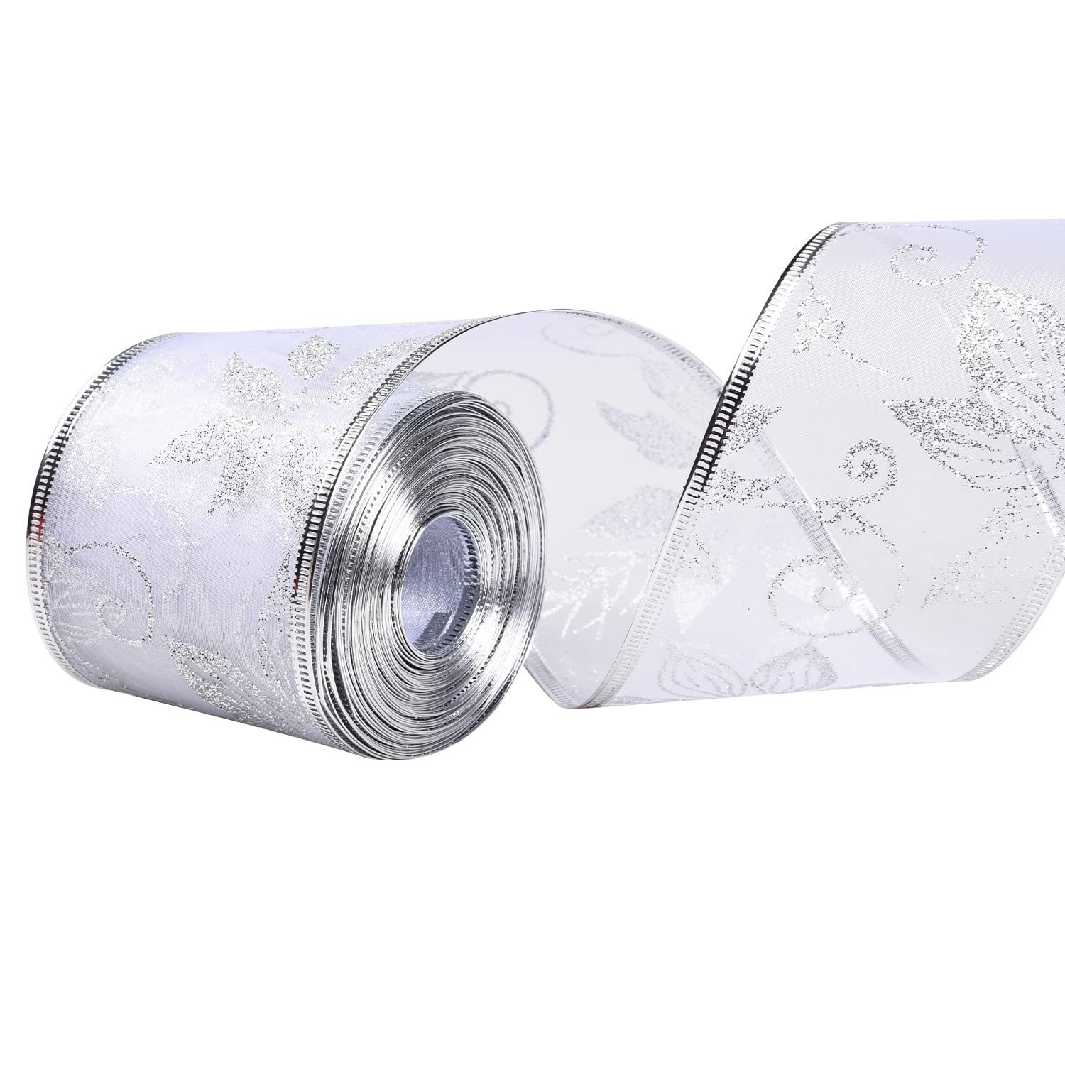 Jomnvo 10 Yards Silver Christmas Ribbon Glitter Organza Ribbon Wired Christmas Decorative Ribbon Poinsettia Flower Sheer Ribbon for DIY Wreath Bow Gift Wrapping (Silver)