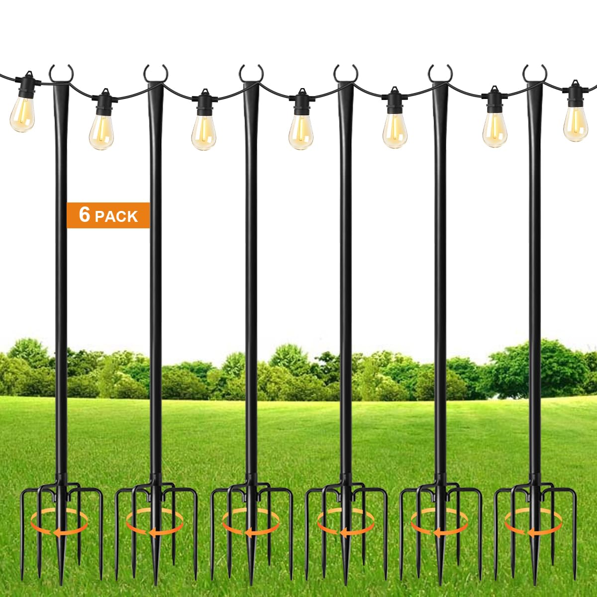 Photo 1 of MuliVid 6 Pack 9FT String Light Poles for Outdoor,Metal Lights Hanging Pole Outside with Fork,Light Stand for Patio, Pergola, Garden, Backyard, Yard, Camping Party